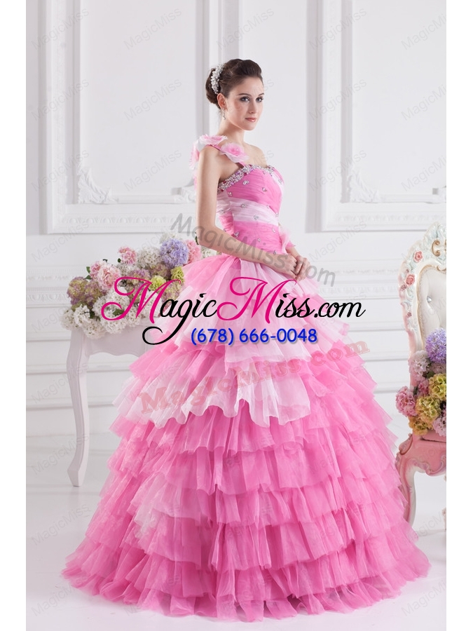 wholesale rose pink one shoulder beading quinceanera dress with ruffled layers