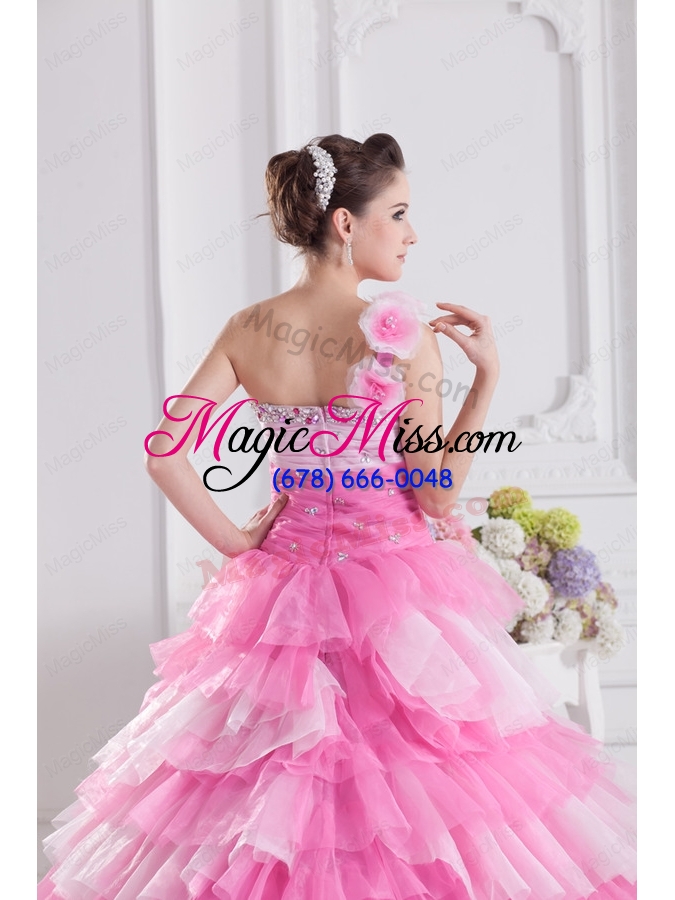 wholesale rose pink one shoulder beading quinceanera dress with ruffled layers