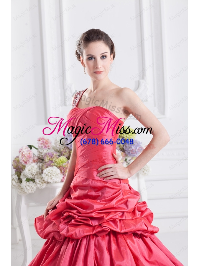 wholesale cheap coral red one shoulder ball gown quinceanera dress with pick ups
