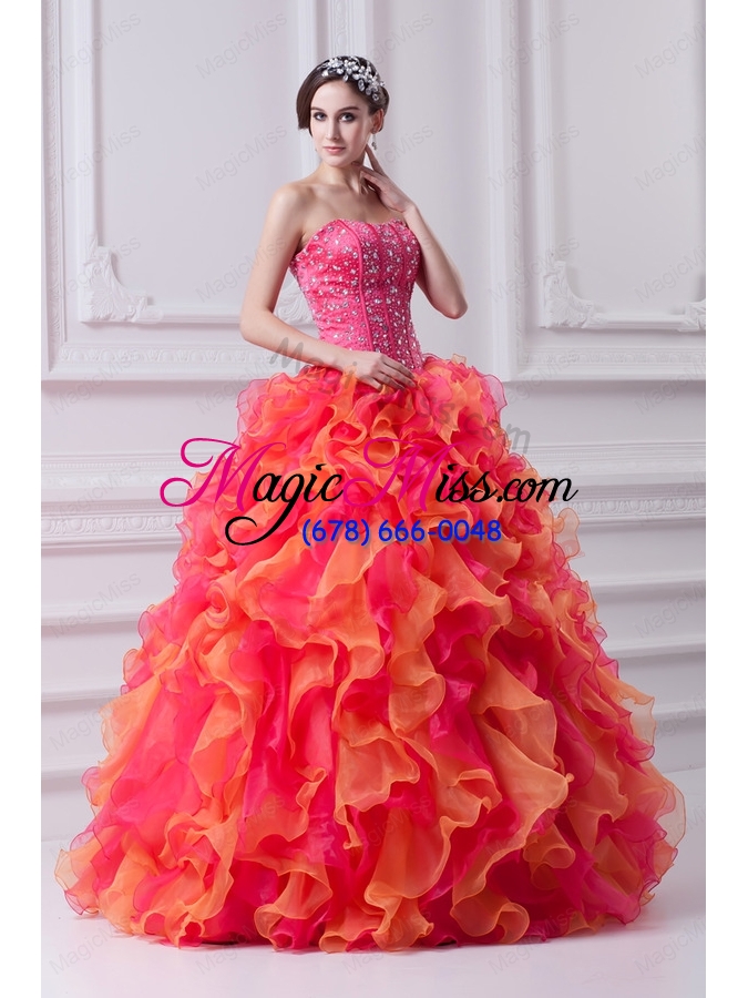 wholesale spring puffy multi-color strapless beading 2015 quinceanera dress with ruffles