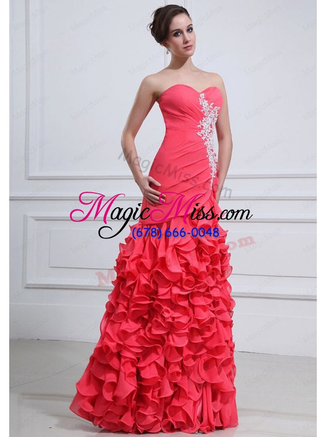 wholesale 2015 brand new mermaid coral red appliques and ruffles prom dresses