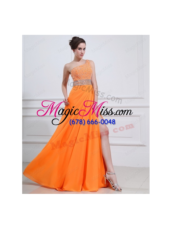 wholesale 2015 popular one shoulder orange prom dress with beading
