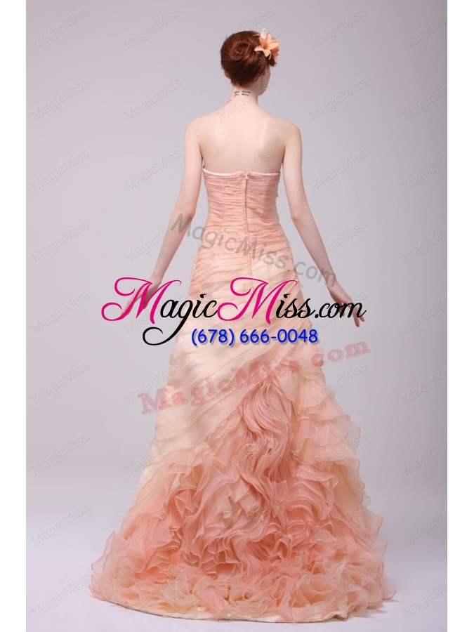 wholesale a line strapless watermelon zipper up organza prom dress with ruching