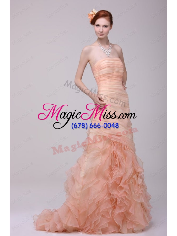 wholesale a line strapless watermelon zipper up organza prom dress with ruching