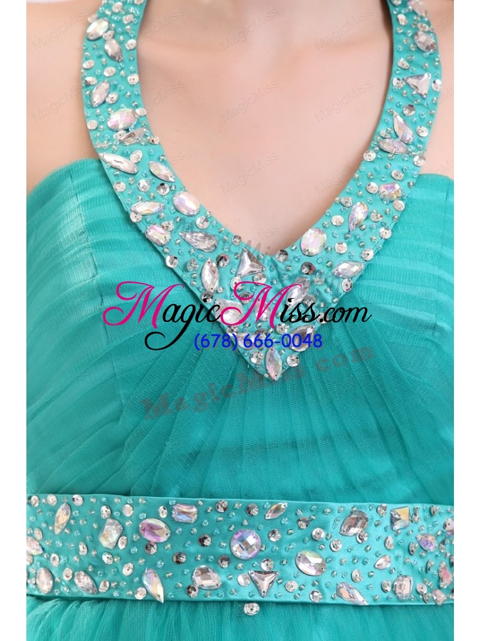 wholesale elegant aqua blue beading halter lace up tulle prom dress