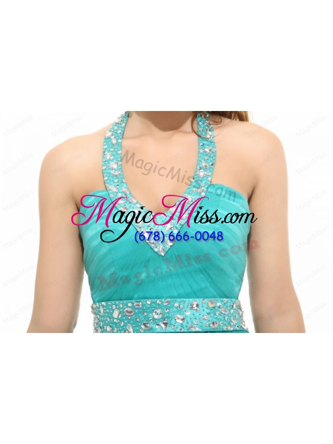 wholesale elegant aqua blue beading halter lace up tulle prom dress