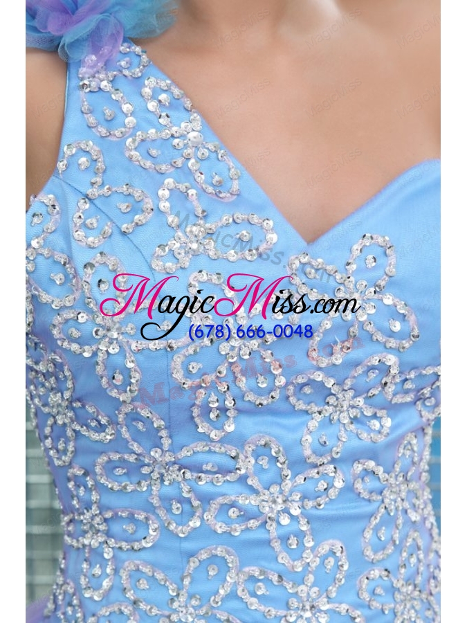 wholesale lovely princess one shoulder beading tulle floor length blue prom dress