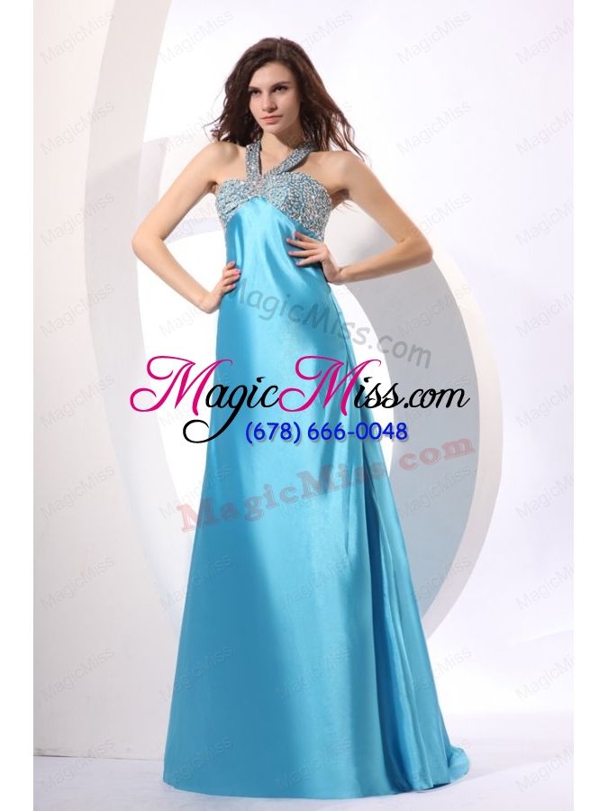 wholesale aqua blue halter top neck beading prom dress with sweet train