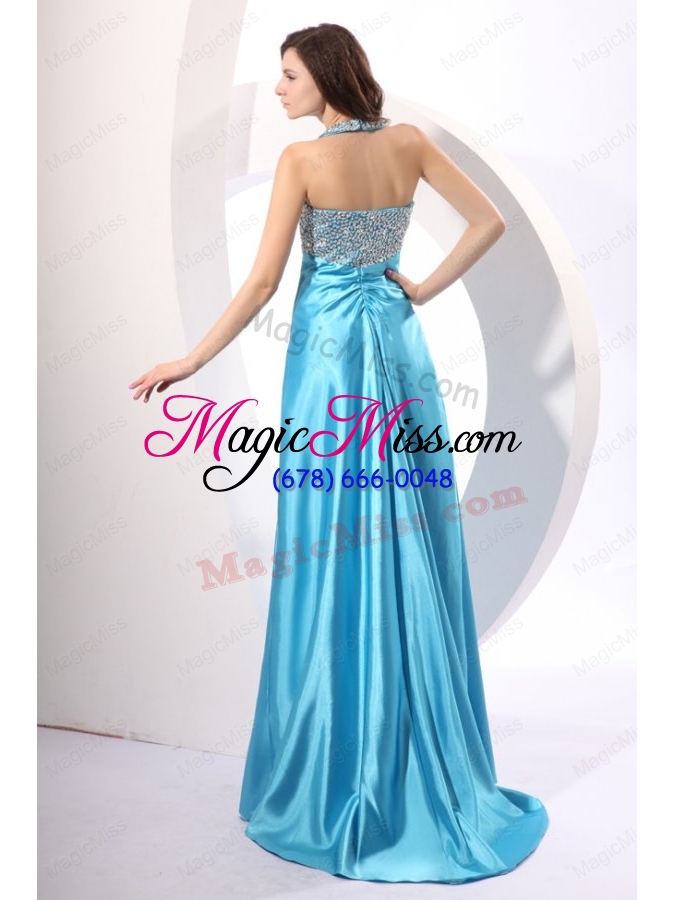 wholesale aqua blue halter top neck beading prom dress with sweet train