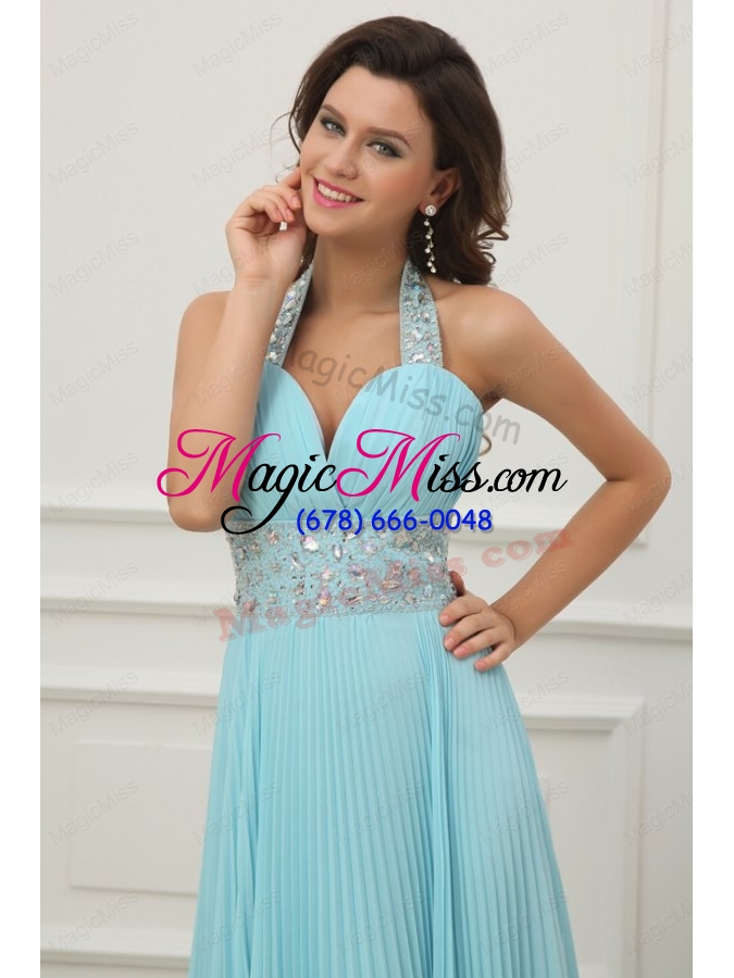 wholesale light blue halter top neck beading and pleats long prom dress