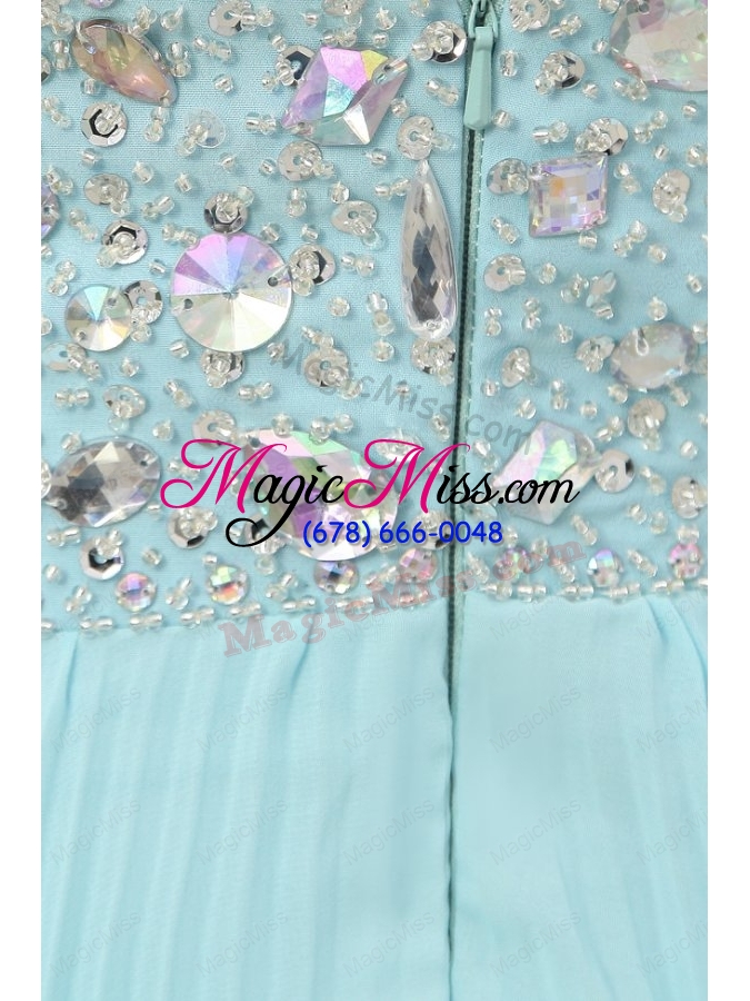 wholesale light blue halter top neck beading and pleats long prom dress
