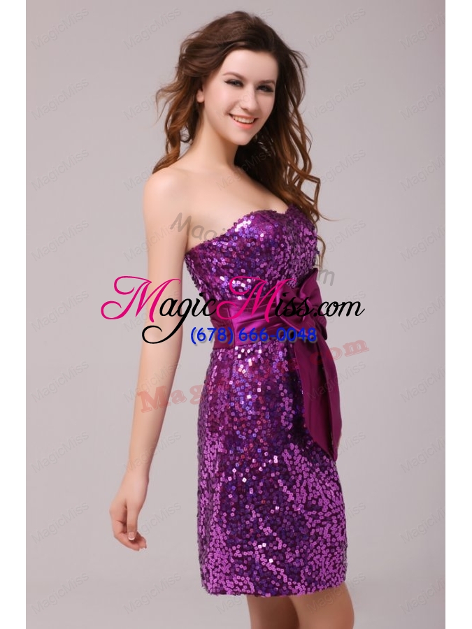 wholesale fuchsia sequin sweetheart sash column short prom dress