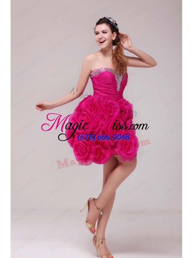 wholesale a line hot pink sweetheart knee length hand made flowers prom dress