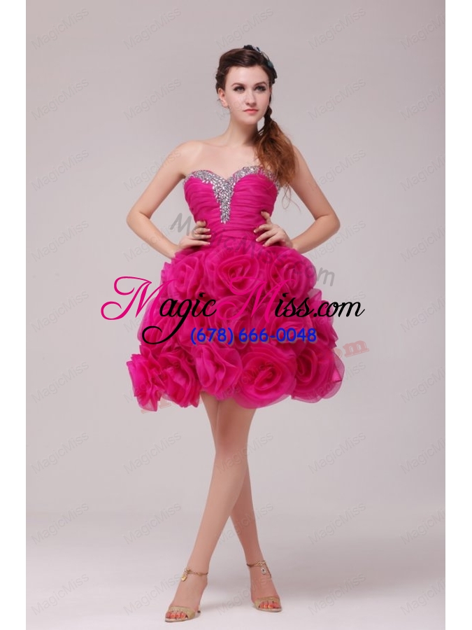 wholesale a line hot pink sweetheart knee length hand made flowers prom dress