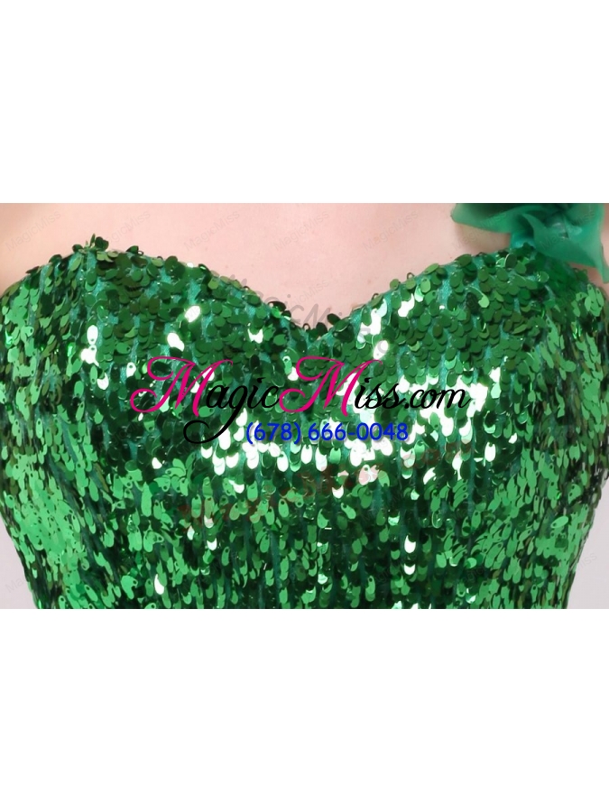 wholesale green a line one shoulder sequins and ruffles prom dress