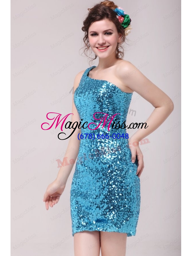 wholesale column blue one shoulder sequin mini length prom dress