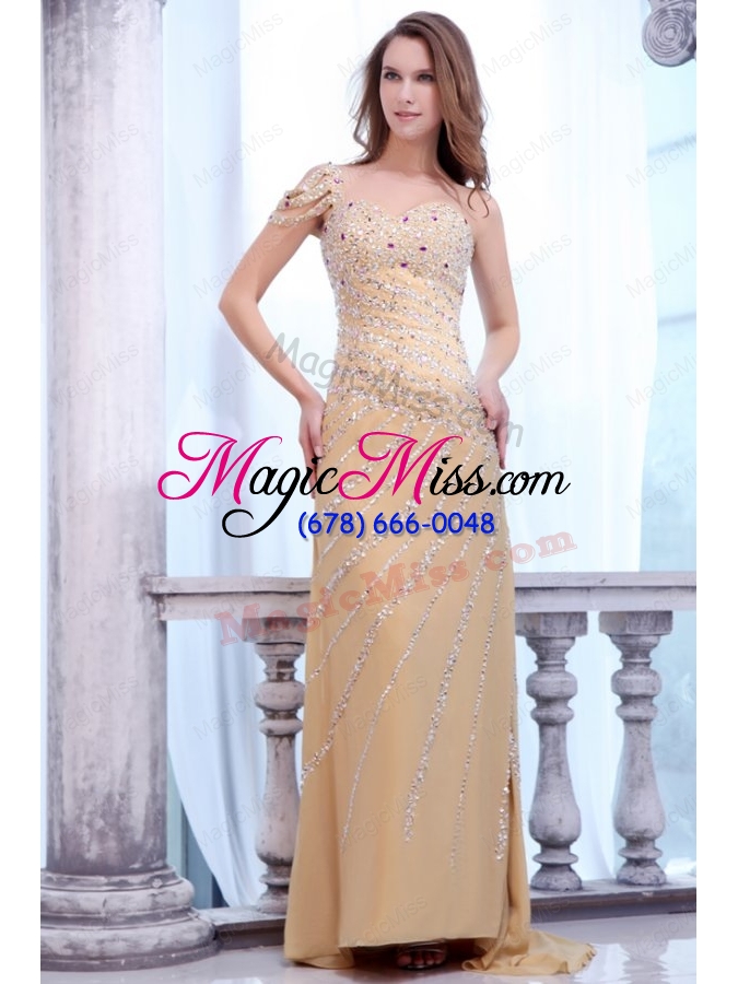 wholesale brush train column one shoulder gold prom dress with beading