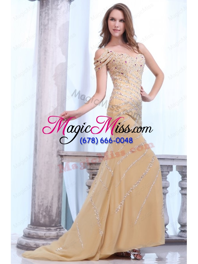 wholesale brush train column one shoulder gold prom dress with beading
