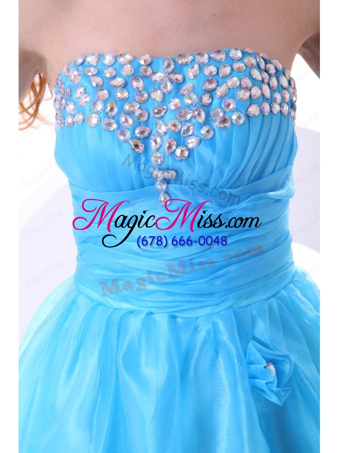wholesale aqua blue prom dress with strapless beaded and flowers