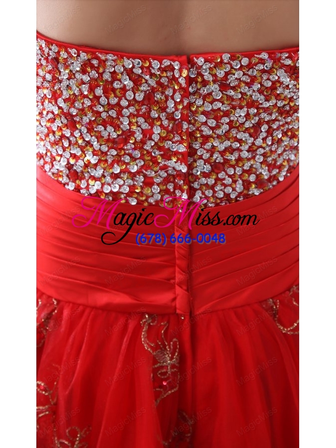 wholesale red a line sweetheart tulle prom dress with beading and hand made flowers