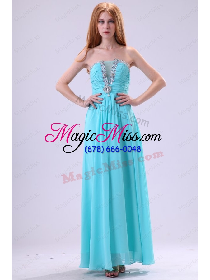 wholesale aqua blue chiffon strapless empire prom dress with beading