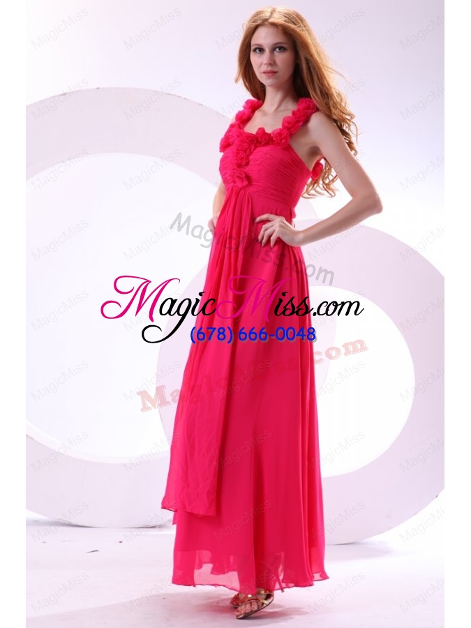 wholesale hot pink empire straps ankle length ruching chiffon prom dress