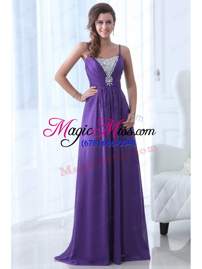 wholesale simple empire straps floor length chiffon beading purple prom dress
