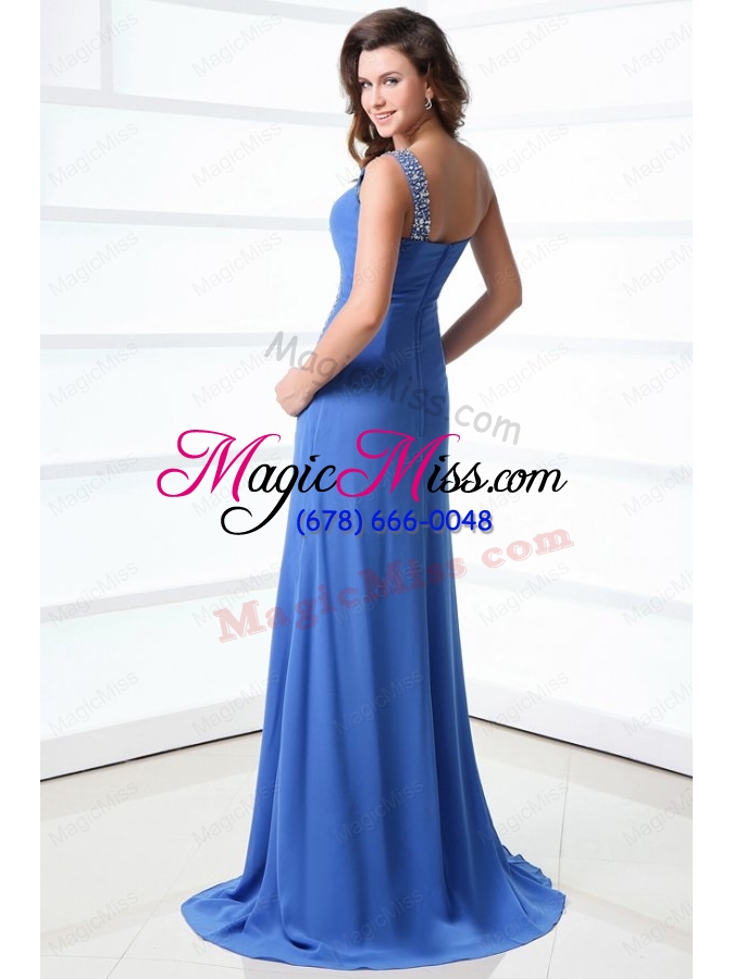 wholesale column blue one shoulder beading and ruching high slit prom dress