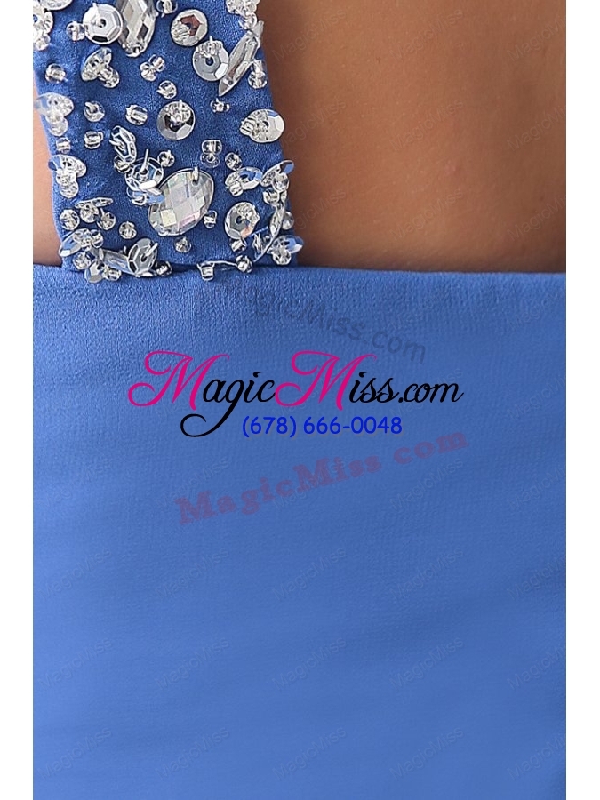 wholesale column blue one shoulder beading and ruching high slit prom dress