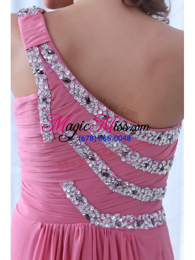 wholesale empire one shoulder rose pink ruching beading chiffon prom dress