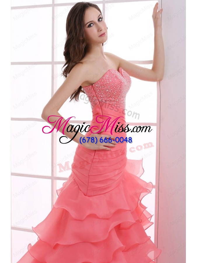 wholesale mermaid watermelon red sweetheart beading ruffled layers ruching prom dress