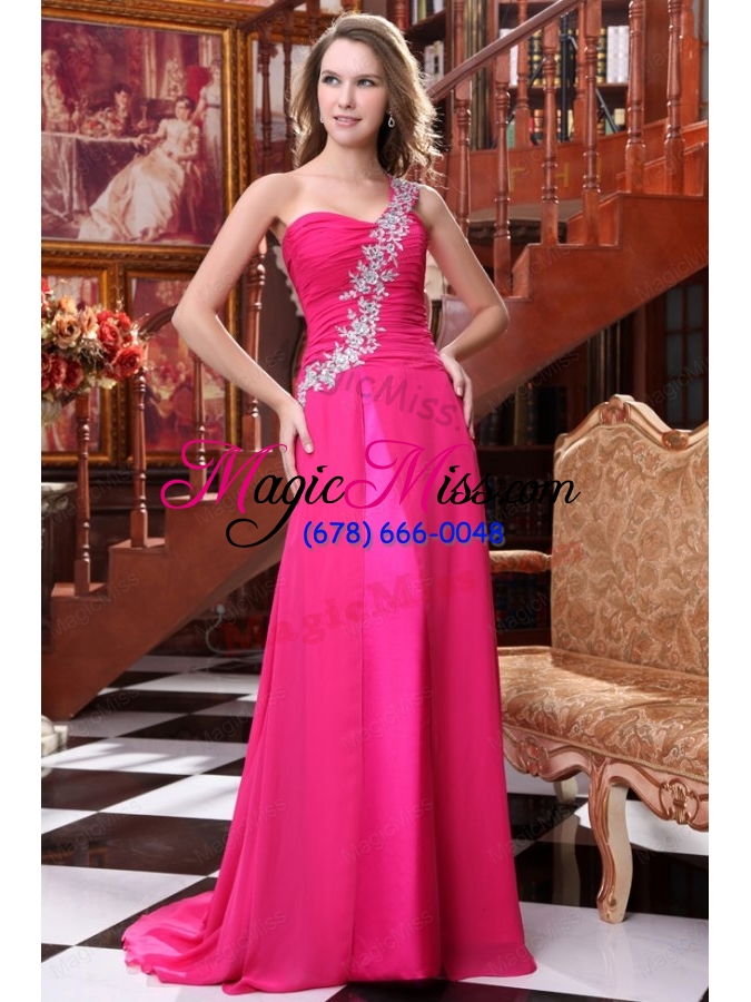 wholesale empire one shoulder hot pink appliques and ruching brush train prom dress
