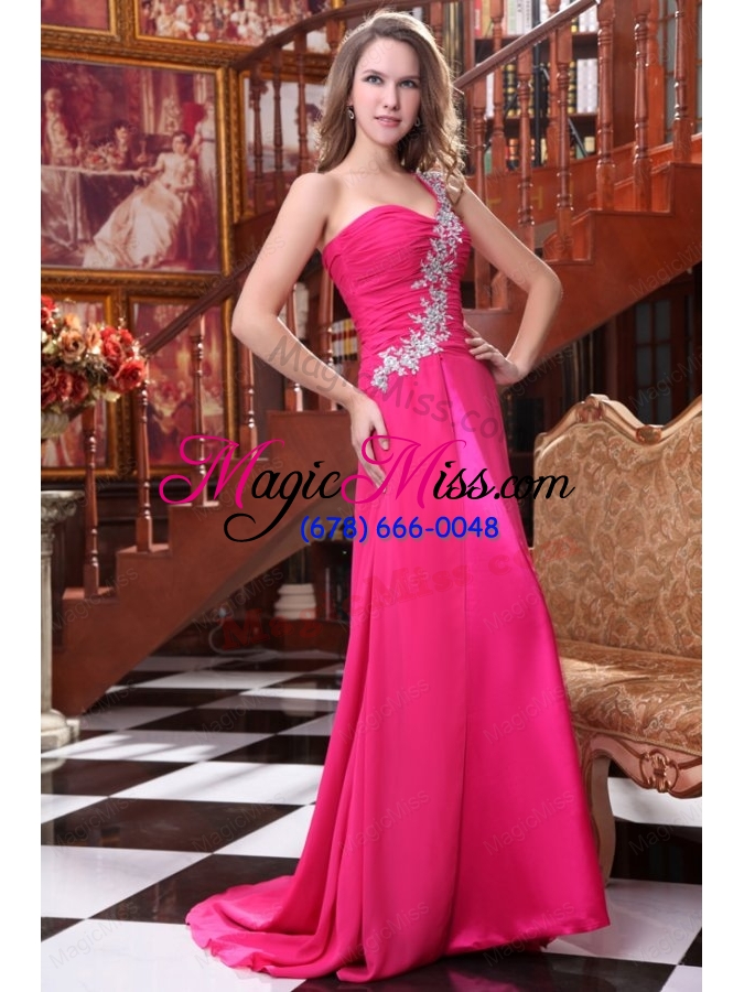 wholesale empire one shoulder hot pink appliques and ruching brush train prom dress