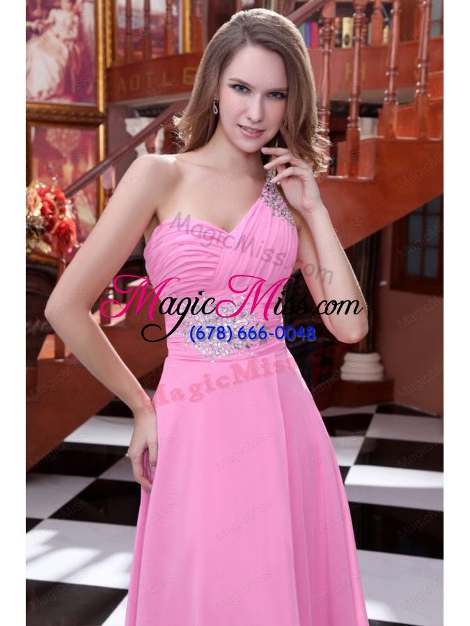 wholesale empire rose pink one shoulder beading and ruching chiffon prom dress