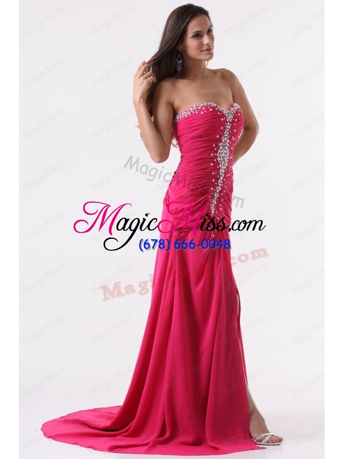 wholesale column sweetheart beading and ruching hot pink long prom dress