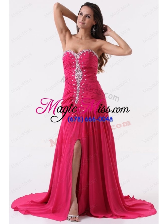 wholesale column sweetheart beading and ruching hot pink long prom dress