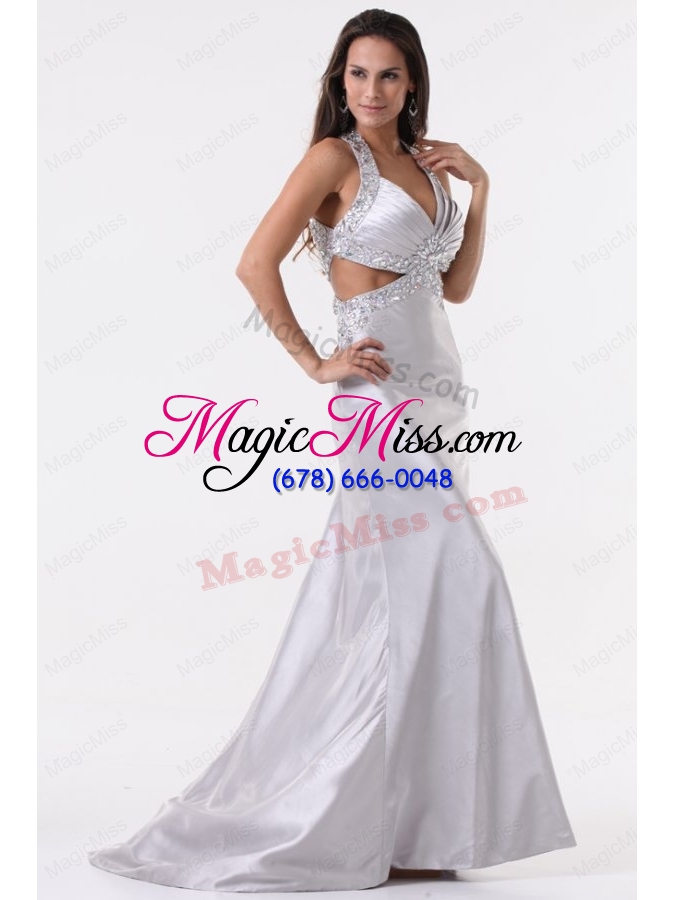 wholesale brush train silver column halter top prom dress with beading