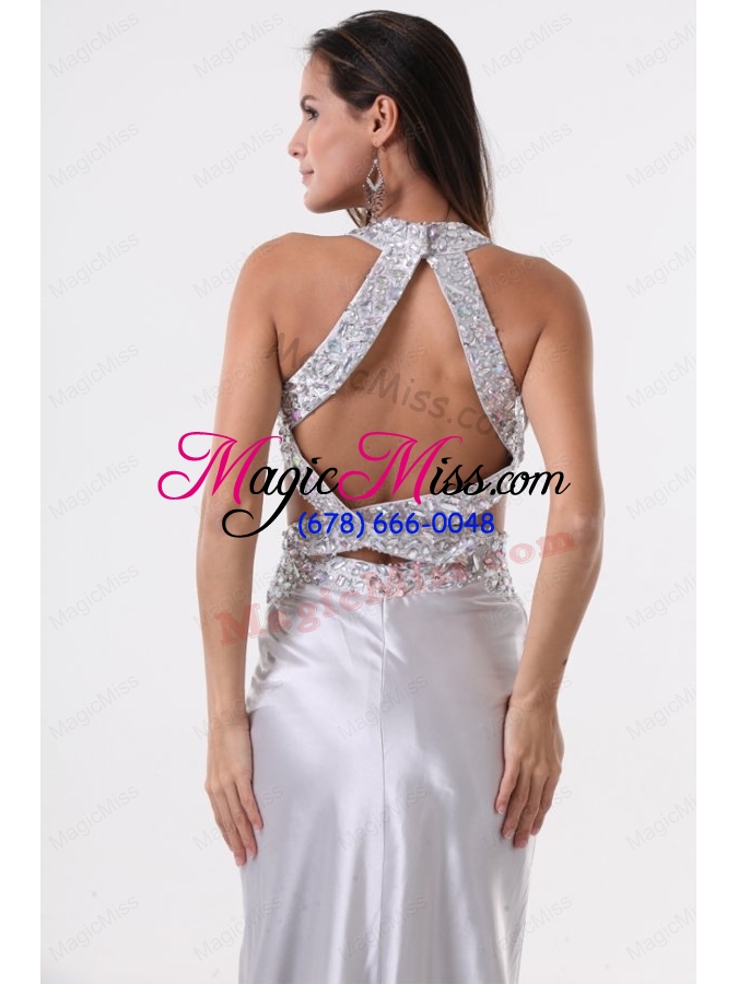 wholesale brush train silver column halter top prom dress with beading