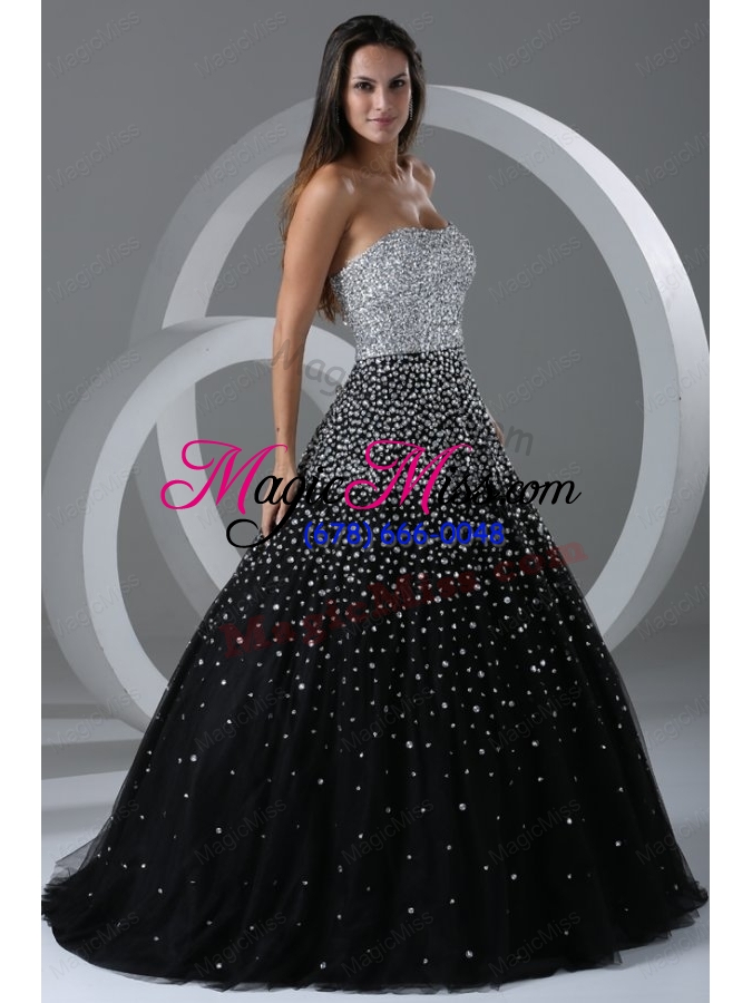 wholesale black ball gown strapless prom dress with beading and sequins