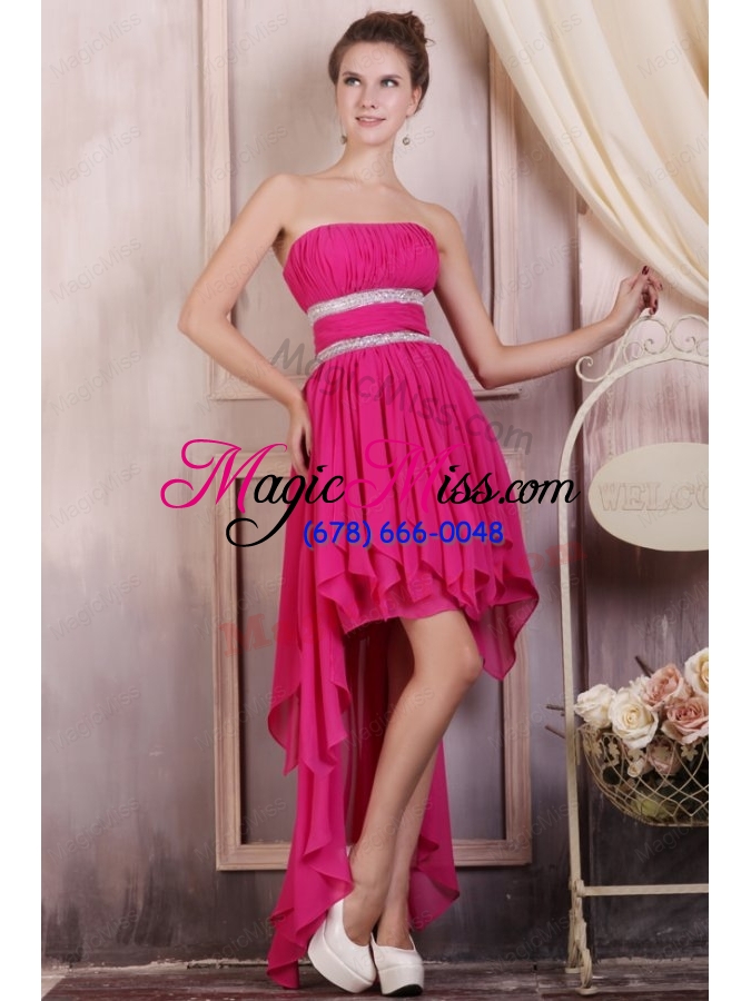 wholesale hot pink high low prom dress with beading and ruching