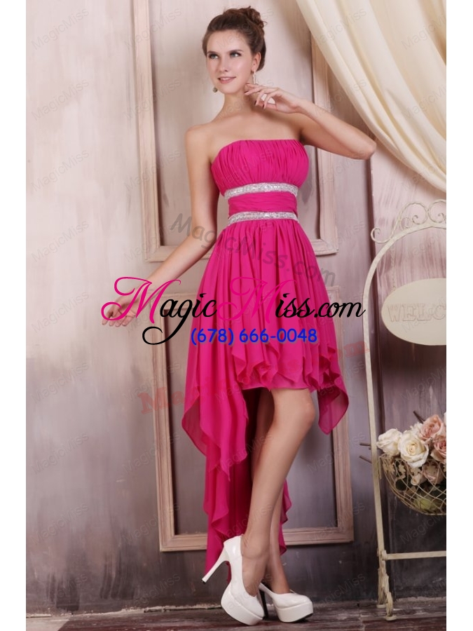 wholesale hot pink high low prom dress with beading and ruching