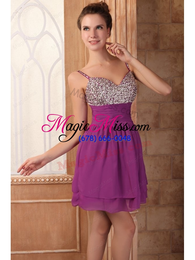 wholesale fuchsia short mini length spaghetti straps prom dress with beading