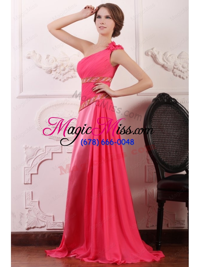 wholesale pink empire one shoulder flowers beaded prom dress with brush train