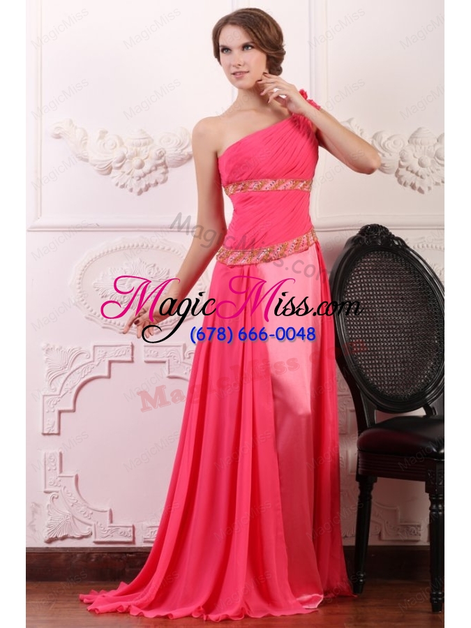 wholesale pink empire one shoulder flowers beaded prom dress with brush train