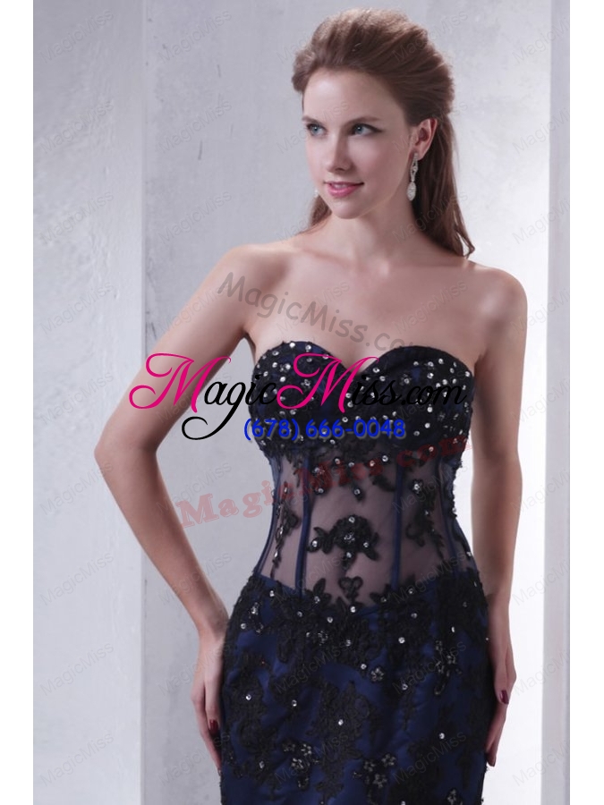 wholesale navy blue mermaid sweetheart prom dress with appliques and beading