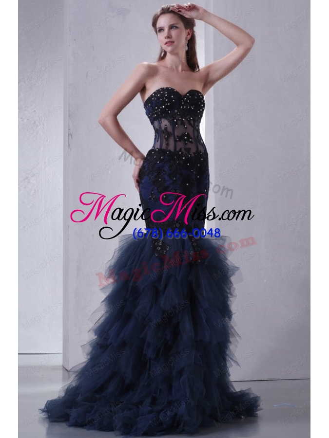 wholesale navy blue mermaid sweetheart prom dress with appliques and beading