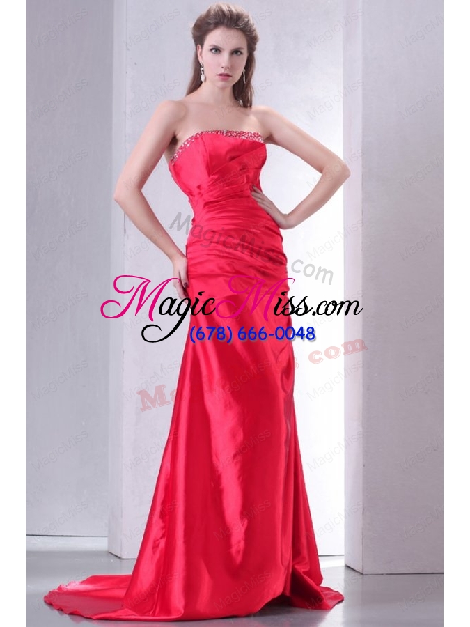wholesale strapless coral red a line sweep train beaded decorate prom dress