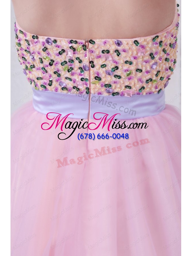 wholesale beaded decorate brust sweetheart mini length baby pink prom dress