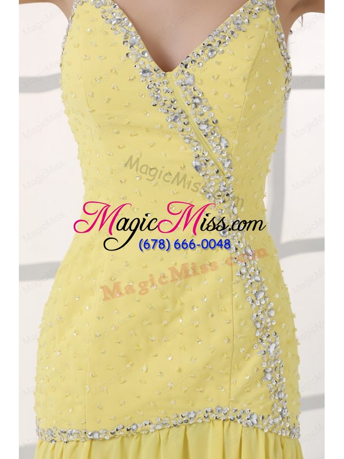 wholesale yellow straps column beaded decorate and silt sweep train prom dress