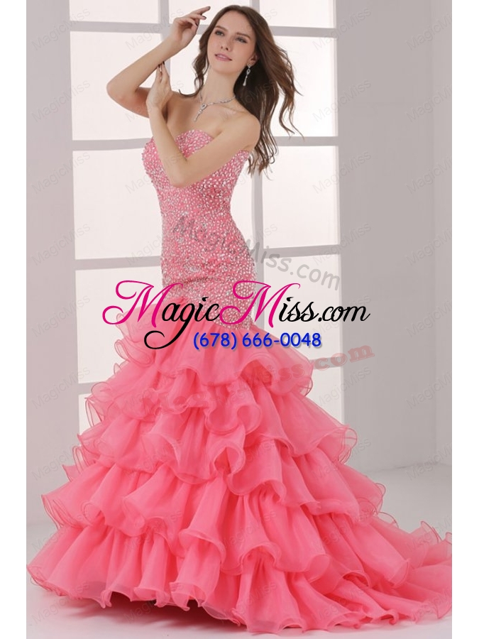 wholesale watermelon sweetheart mermaid beading and ruffles layered prom dress